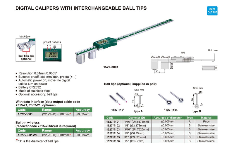 Digital Caliper With Interchangeable Ball Tips - 1527