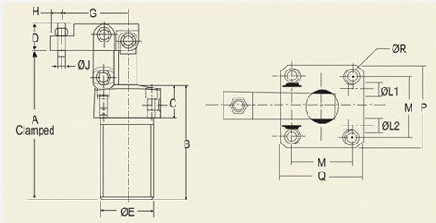 PLCU Series : Pneumatic,  upper Flanged Version, Threaded Body Lever Clamps, Double Acting, 4-7 kg/cm2 Inlet Air Pressure